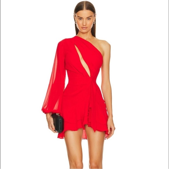 Michael Costello Sunny Chiffon Red One Shoulder Dress - Picture 1 of 15